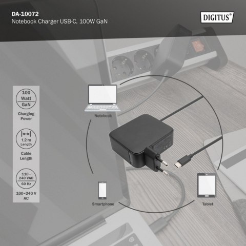 Ładowarka sieciowa zasilacz 1x USB-C PD 3.0 max. 100W GaN zintegrowany kabel 1,2m Czarna Digitus
