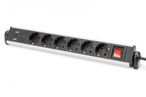 Listwa zasilająca biurowa 45° 6 gniazd, 2xUSB-A 1xUSB-C (5V/3,4A) możliwość obrotu o 180°, aluminiowa, z zaciskiem na blat Digitus