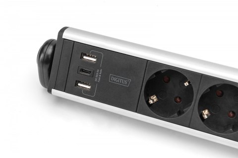 Listwa zasilająca biurowa 45° 6 gniazd, 2xUSB-A 1xUSB-C (5V/3,4A) możliwość obrotu o 180°, aluminiowa, z zaciskiem na blat Digitus