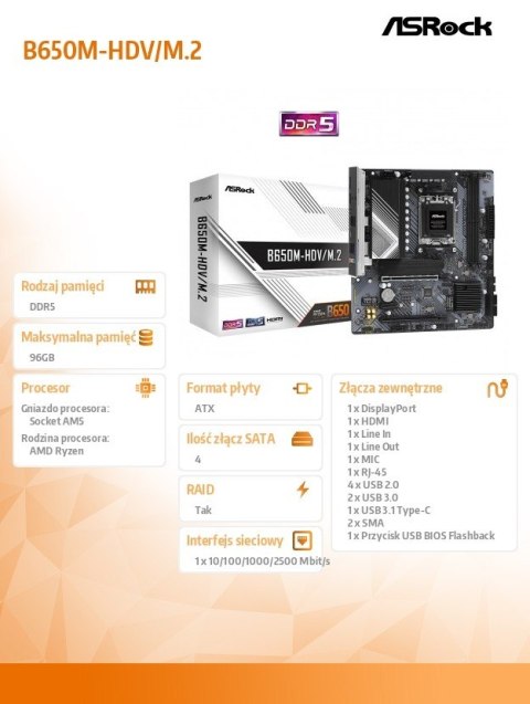 Płyta główna B650M-HDV/M.2 AM5 2DDR5 HDMI/DP mATX ASRock Płyta główna B650M-HDV/M.2 AM5 2DDR5 HDMI/DP mATX ASRock