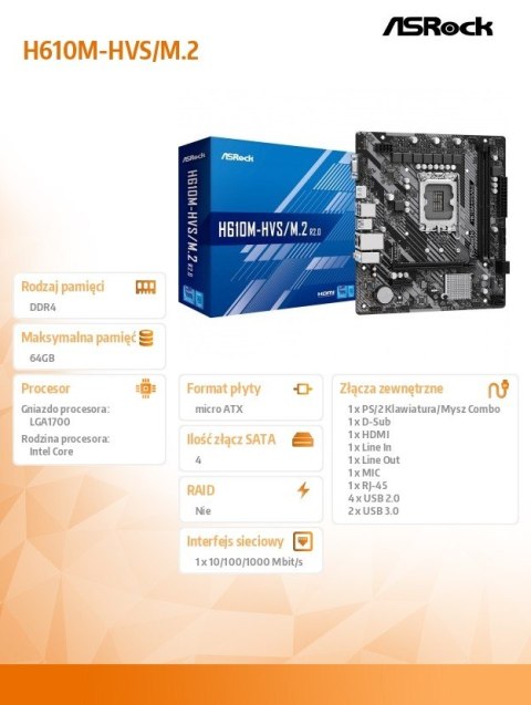Płyta główna H610M-HVS/M.2 R2.0 s1700 2DDR4 D-Sub/HDMI mATX ASRock Płyta główna H610M-HVS/M.2 R2.0 s1700 2DDR4 D-Sub/HDMI mATX ASRock