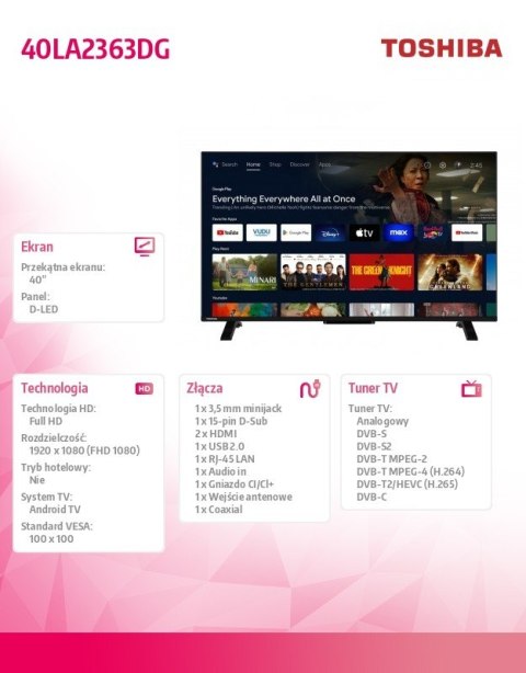 Telewizor LED 40 cali 40LA2363DG Toshiba