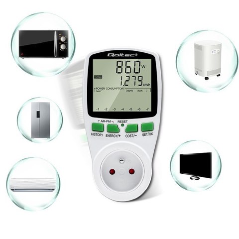 Watomierz Licznik zużycia energii PM0627 z historią pomiaru | 3680W | 16A | LCD Qoltec