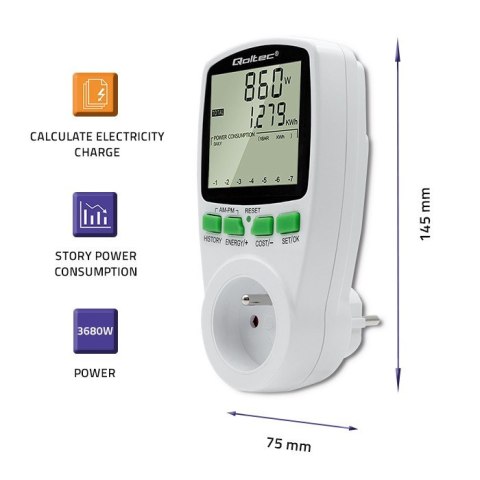 Watomierz Licznik zużycia energii PM0627 z historią pomiaru | 3680W | 16A | LCD Qoltec
