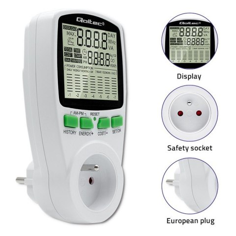 Watomierz Licznik zużycia energii PM0627 z historią pomiaru | 3680W | 16A | LCD Qoltec