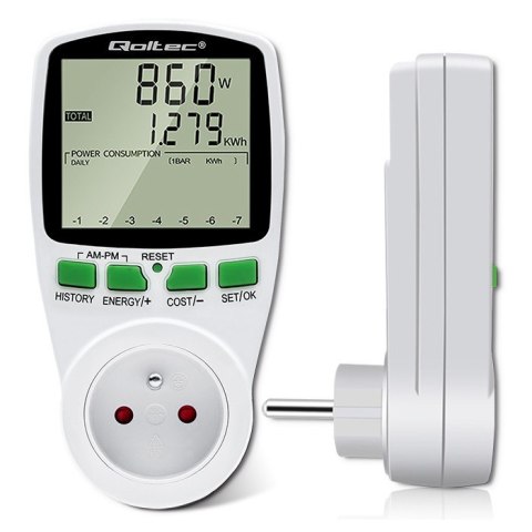 Watomierz Licznik zużycia energii PM0627 z historią pomiaru | 3680W | 16A | LCD Qoltec