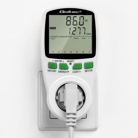 Watomierz Licznik zużycia energii PM0627 z historią pomiaru | 3680W | 16A | LCD Qoltec