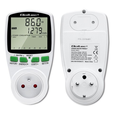 Watomierz Licznik zużycia energii PM0627 z historią pomiaru | 3680W | 16A | LCD Qoltec