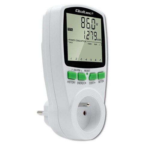 Watomierz Licznik zużycia energii PM0627 z historią pomiaru | 3680W | 16A | LCD Qoltec