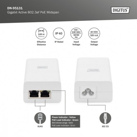 Zasilacz/Adapter PoE 802.3af, max. 48V 15.4W Gigabit 10/100/1000 Mbps, aktywny, Biały Digitus
