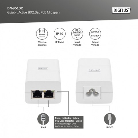 Zasilacz/Adapter PoE+ 802.3at, max. 52V 30W Gigabit 10/100/1000 Mbps, aktywny, Biały Digitus