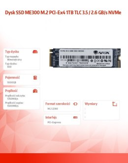 Dysk SSD ME300 M.2 PCI-Ex4 1TB TLC 3.5 / 2.6 GB/s NVMe AFOX