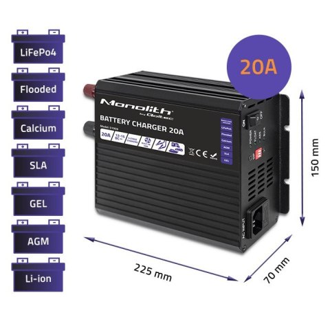 Inteligentna ładowarka Monolith do akumulatorów LiFePO4 AGM GEL SLA | 20A | 12V Qoltec Inteligentna ładowarka Monolith do akumulatorów LiFePO4 AGM GEL SLA | 20A | 12V Qoltec