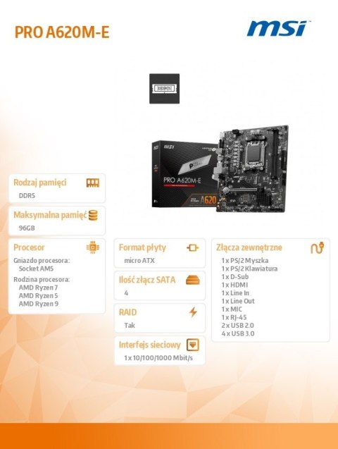 Płyta główna PRO A620M-E AM5 2DDR5 HDMI/M2 mATX MSI
