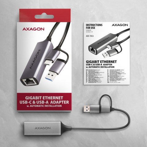 ADE-TXCA Karta sieciowa Gigabit Ethernet adapter, USB-C (USB-A redukcja) 3.2 Gen 1, instalacja automatyczna AXAGON ADE-TXCA Karta sieciowa Gigabit Ethernet adapter, USB-C (USB-A redukcja) 3.2 Gen 1, instalacja automatyczna AXAGON