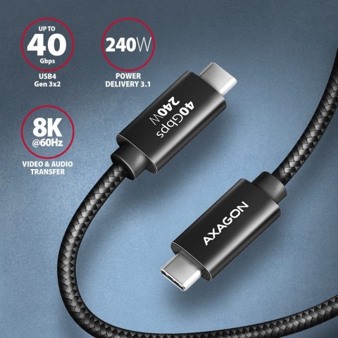 BUCM4X-CM10AB Kabel USB-C - USB-C, USB4 Gen 3x2 1m, PD 240W, 8K HD, ALU, oplot Czarny AXAGON BUCM4X-CM10AB Kabel USB-C - USB-C, USB4 Gen 3x2 1m, PD 240W, 8K HD, ALU, oplot Czarny AXAGON