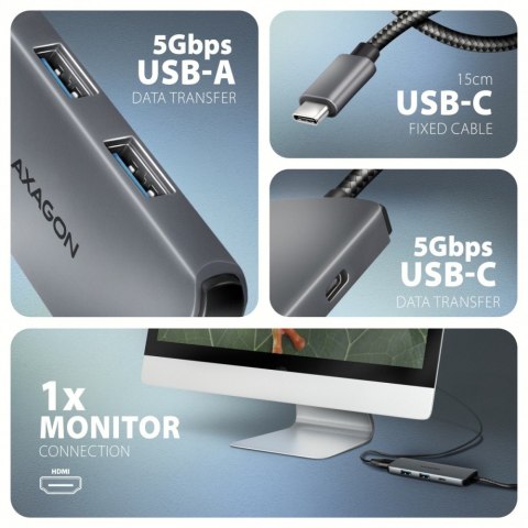 HMC-5H8K Wieloportowy hub USB 5in1, 5Gbps, 2x USB-A, 1x USB-C, HDMI 8K/30Hz, PD 100W, 15cm USB-C kabel AXAGON HMC-5H8K Wieloportowy hub USB 5in1, 5Gbps, 2x USB-A, 1x USB-C, HDMI 8K/30Hz, PD 100W, 15cm USB-C kabel AXAGON