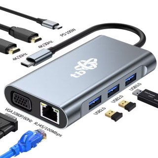 HUB Adapter USB C 8w1 HDMIx2 USB VGA RJ45 PD TB