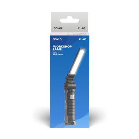 Lampa warsztatowa akumulatorowa COB LED 3W + SMD 1W, USB-C, 150 lm, obrotowa głowica, magnes, FL-03 Savio