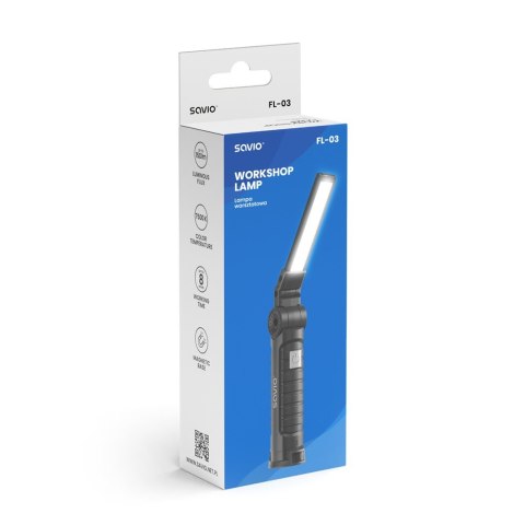 Lampa warsztatowa akumulatorowa COB LED 3W + SMD 1W, USB-C, 150 lm, obrotowa głowica, magnes, FL-03 Savio