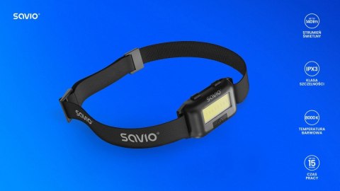 Latarka czołowa LED, COB, 140 lm, zasięg 10m, 4 tryby, FL-01 Savio