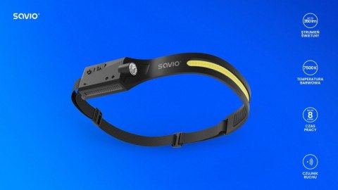 Latarka czołowa LED z czujnikiem ruchu, USB-C, 350 lm, zasięg 80m, FL-02 Savio