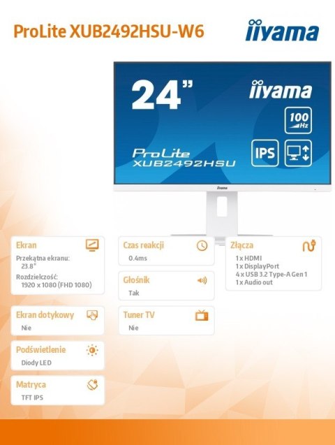 Monitor 23.8 cala XUB2492HSU-W6 IPS,HDMI,DP,100Hz,SLIM,HAS(150mm),4xUSB IIYAMA