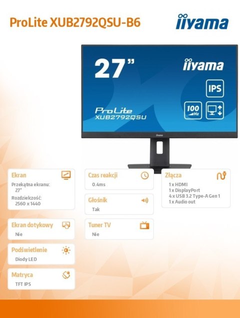 Monitor ProLite XUB2792QSU-B6 27 cali IPS,QHD,HAS(150mm),100Hz,4xUSB3.2,SLIM IIYAMA