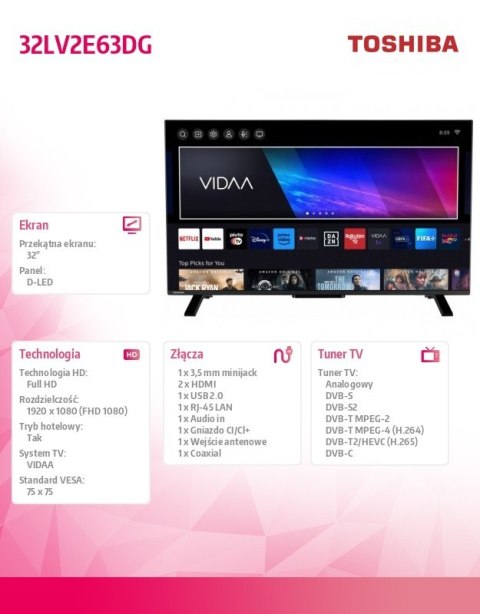 Telewizor LED 32 cale 32LV2E63DG Toshiba