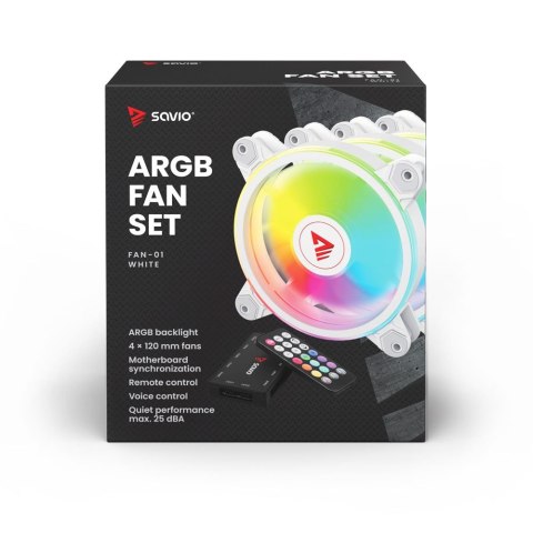 Wentylator FAN-01 White 4-pack 120mm ARGB wraz kontrolerem oraz pilotem Savio