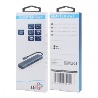 Adapter HUB USB C 6w1 - HDMI, USBx3, PD, RJ-45 TB