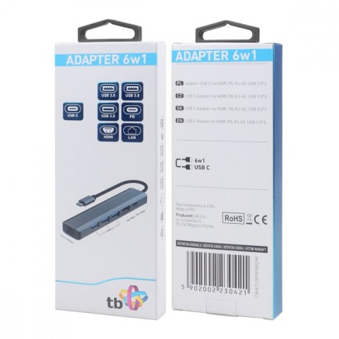Adapter HUB USB C 6w1 - HDMI, USBx3, PD, RJ-45 TB
