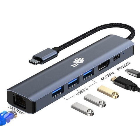 Adapter HUB USB C 6w1 - HDMI, USBx3, PD, RJ-45 TB
