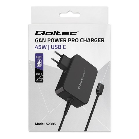 Ładowarka GaN Power Pro | 1xUSB-C | 45W | 5-20V | 2.25-3A | Czarna Qoltec