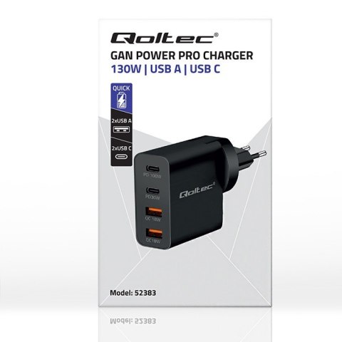 Ładowarka GaN Power Pro | 2xUSB-C | 2xUSB | 130W | 5-20V | 1.5-5A| PD | Czarna Qoltec Ładowarka GaN Power Pro | 2xUSB-C | 2xUSB | 130W | 5-20V | 1.5-5A| PD | Czarna Qoltec