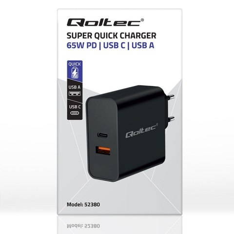 Ładowarka Super Quick PD | 1xUSB-C | 1xUSB | 65W | 5-20V | 1.5-3.25A | Czarna Qoltec Ładowarka Super Quick PD | 1xUSB-C | 1xUSB | 65W | 5-20V | 1.5-3.25A | Czarna Qoltec