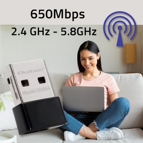 Ultraszybki bezprzewodowy mini adapter USB Wi-Fi | standard AC | 650Mbps Qoltec Ultraszybki bezprzewodowy mini adapter USB Wi-Fi | standard AC | 650Mbps Qoltec