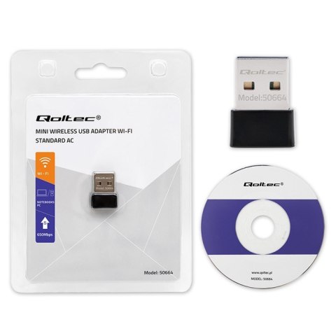 Ultraszybki bezprzewodowy mini adapter USB Wi-Fi | standard AC | 650Mbps Qoltec Ultraszybki bezprzewodowy mini adapter USB Wi-Fi | standard AC | 650Mbps Qoltec