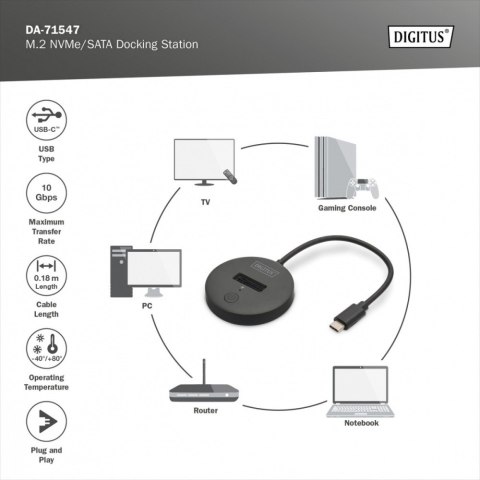 Stacja dokująca do SSD M.2 NVMe/SATA USB-C 3.2 Gen2 10Gbps maks. 4 TB, czarna Digitus