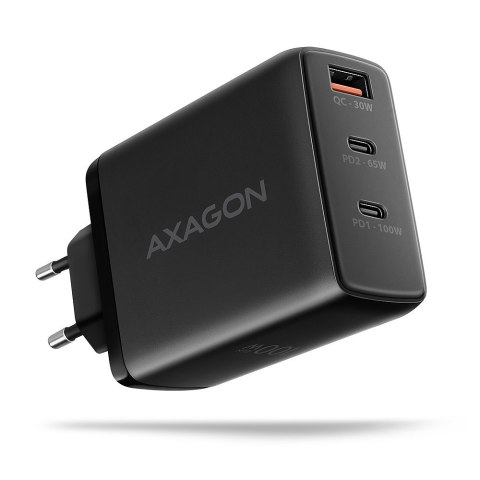 ACU-DPQ100 Ładowarka sieciowa GaN 100W, 3x port (USB-A + dual USB-C) PD3.0/QC4+/PPS/Apple Czarna AXAGON ACU-DPQ100 Ładowarka sieciowa GaN 100W, 3x port (USB-A + dual USB-C) PD3.0/QC4+/PPS/Apple Czarna AXAGON