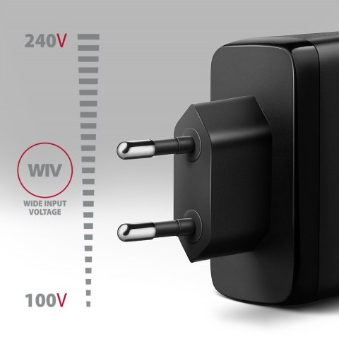 ACU-DPQ100 Ładowarka sieciowa GaN 100W, 3x port (USB-A + dual USB-C) PD3.0/QC4+/PPS/Apple Czarna AXAGON ACU-DPQ100 Ładowarka sieciowa GaN 100W, 3x port (USB-A + dual USB-C) PD3.0/QC4+/PPS/Apple Czarna AXAGON