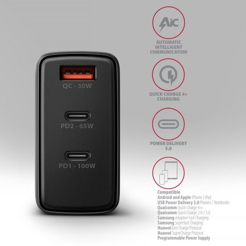ACU-DPQ100 Ładowarka sieciowa GaN 100W, 3x port (USB-A + dual USB-C) PD3.0/QC4+/PPS/Apple Czarna AXAGON ACU-DPQ100 Ładowarka sieciowa GaN 100W, 3x port (USB-A + dual USB-C) PD3.0/QC4+/PPS/Apple Czarna AXAGON