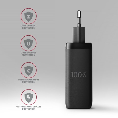 ACU-DPQ100 Ładowarka sieciowa GaN 100W, 3x port (USB-A + dual USB-C) PD3.0/QC4+/PPS/Apple Czarna AXAGON ACU-DPQ100 Ładowarka sieciowa GaN 100W, 3x port (USB-A + dual USB-C) PD3.0/QC4+/PPS/Apple Czarna AXAGON