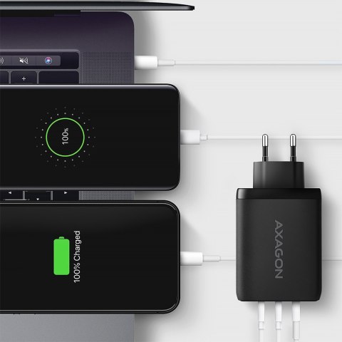 ACU-DPQ100 Ładowarka sieciowa GaN 100W, 3x port (USB-A + dual USB-C) PD3.0/QC4+/PPS/Apple Czarna AXAGON ACU-DPQ100 Ładowarka sieciowa GaN 100W, 3x port (USB-A + dual USB-C) PD3.0/QC4+/PPS/Apple Czarna AXAGON
