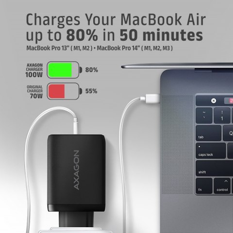 ACU-DPQ100 Ładowarka sieciowa GaN 100W, 3x port (USB-A + dual USB-C) PD3.0/QC4+/PPS/Apple Czarna AXAGON ACU-DPQ100 Ładowarka sieciowa GaN 100W, 3x port (USB-A + dual USB-C) PD3.0/QC4+/PPS/Apple Czarna AXAGON