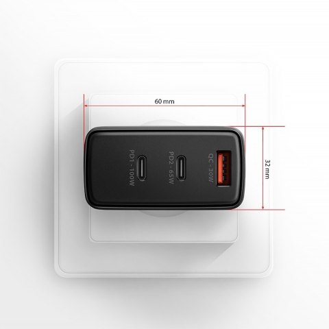 ACU-DPQ100 Ładowarka sieciowa GaN 100W, 3x port (USB-A + dual USB-C) PD3.0/QC4+/PPS/Apple Czarna AXAGON ACU-DPQ100 Ładowarka sieciowa GaN 100W, 3x port (USB-A + dual USB-C) PD3.0/QC4+/PPS/Apple Czarna AXAGON
