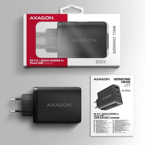 ACU-DPQ100 Ładowarka sieciowa GaN 100W, 3x port (USB-A + dual USB-C) PD3.0/QC4+/PPS/Apple Czarna AXAGON ACU-DPQ100 Ładowarka sieciowa GaN 100W, 3x port (USB-A + dual USB-C) PD3.0/QC4+/PPS/Apple Czarna AXAGON