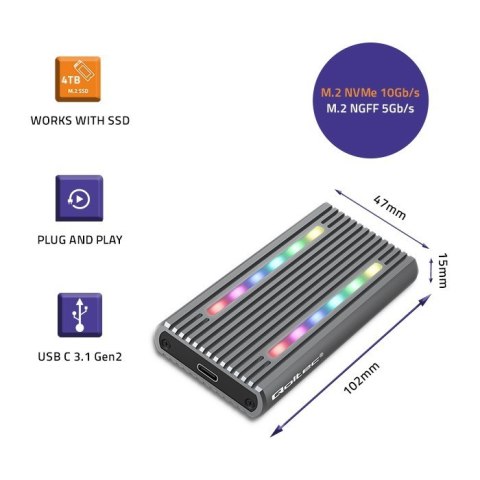 Obudowa | kieszeń na dysk M.2 SSD | SATA | NVMe | RGB LED | USB-C| 4TB Qoltec Obudowa | kieszeń na dysk M.2 SSD | SATA | NVMe | RGB LED | USB-C| 4TB Qoltec