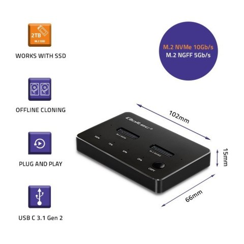 Stacja dokująca dysków SSD M.2 | NVMe | SATA | USB-C | DUAL 2 x 2TB Qoltec Stacja dokująca dysków SSD M.2 | NVMe | SATA | USB-C | DUAL 2 x 2TB Qoltec