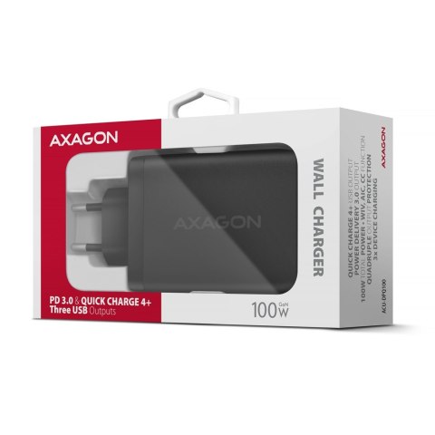 ACU-DPQ100 Ładowarka sieciowa GaN 100W, 3x port (USB-A + dual USB-C) PD3.0/QC4+/PPS/Apple Czarna AXAGON ACU-DPQ100 Ładowarka sieciowa GaN 100W, 3x port (USB-A + dual USB-C) PD3.0/QC4+/PPS/Apple Czarna AXAGON